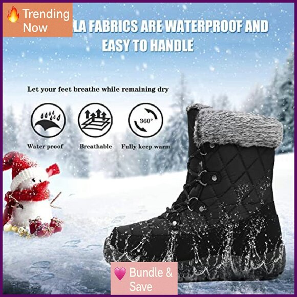 Women's Waterproof Snow Boots Mid Calf Faux Fur Lace Up Non Slip Winter - Picture 2 of 6